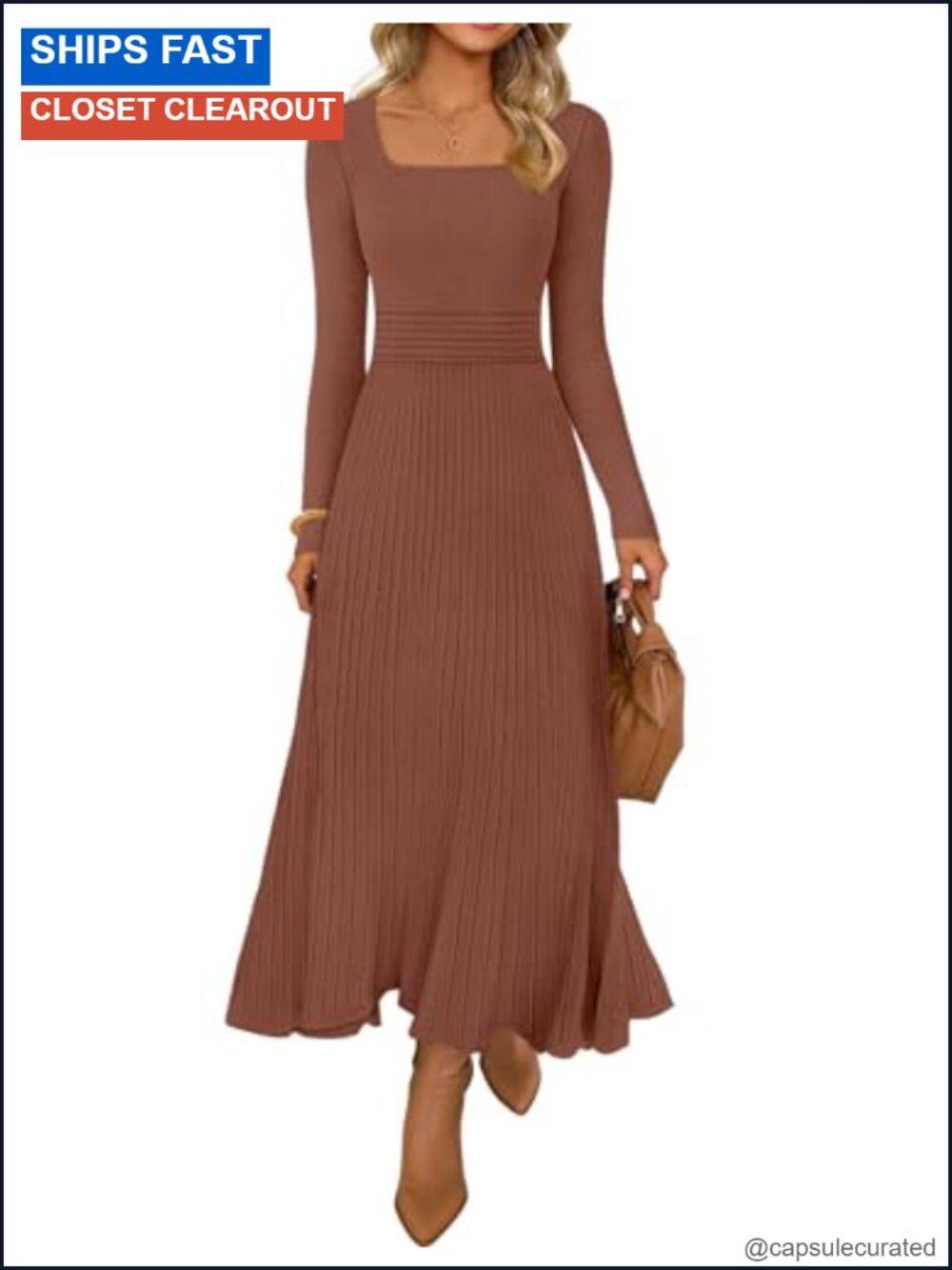 Women's Midi Knit Sweater Dress Long Sleeve Square Neck